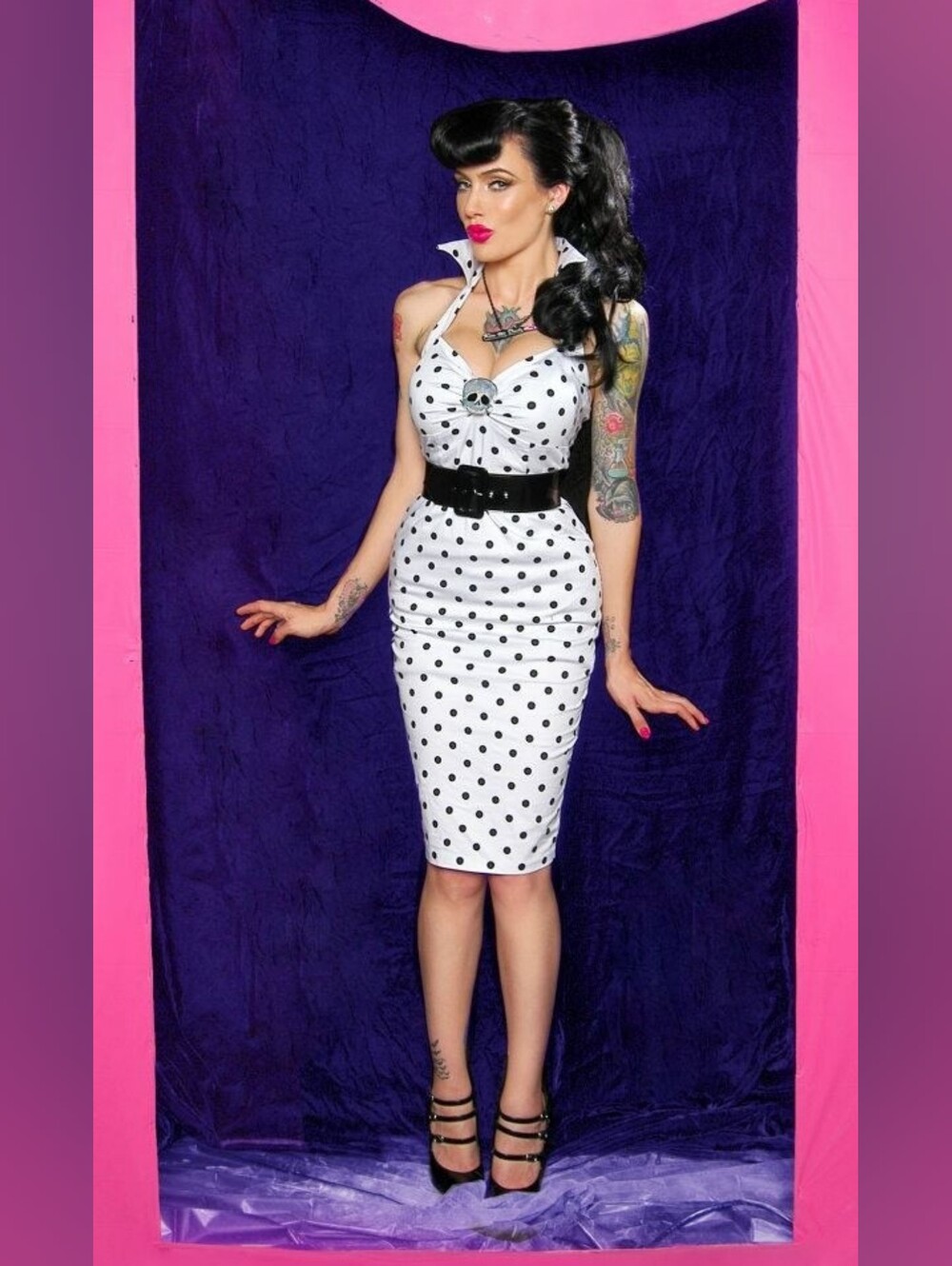 Deadly Dames Vamp Wiggle Dress In Polka Dot Print With Brooch, Size 2x GUC